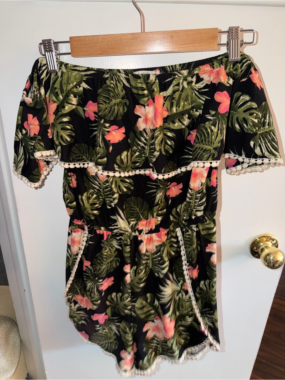 Charlotte Russe Black Tropical Off-Shoulder Romper with Green & Pink Floral